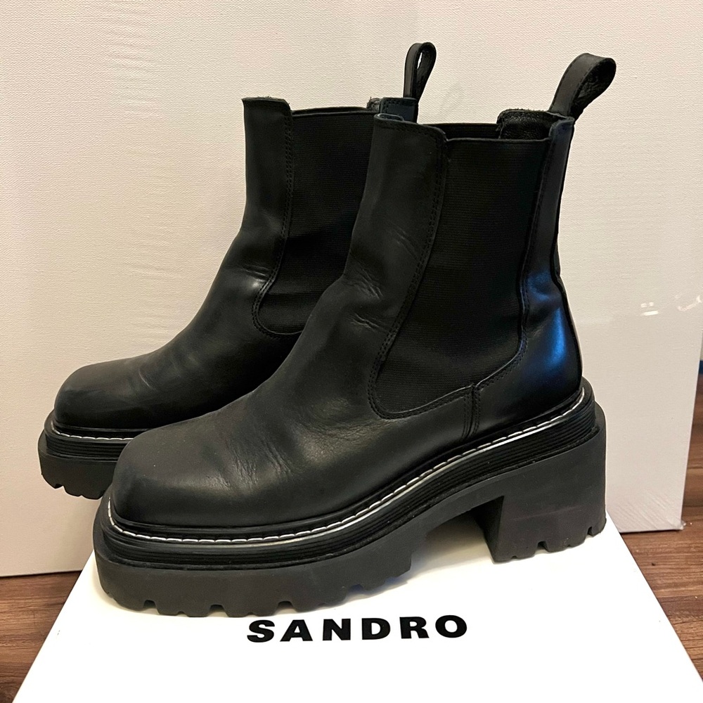 SANDRO Black Genuine Leather Lug sole Chelsea Women's Boot - Picture 6 of 8